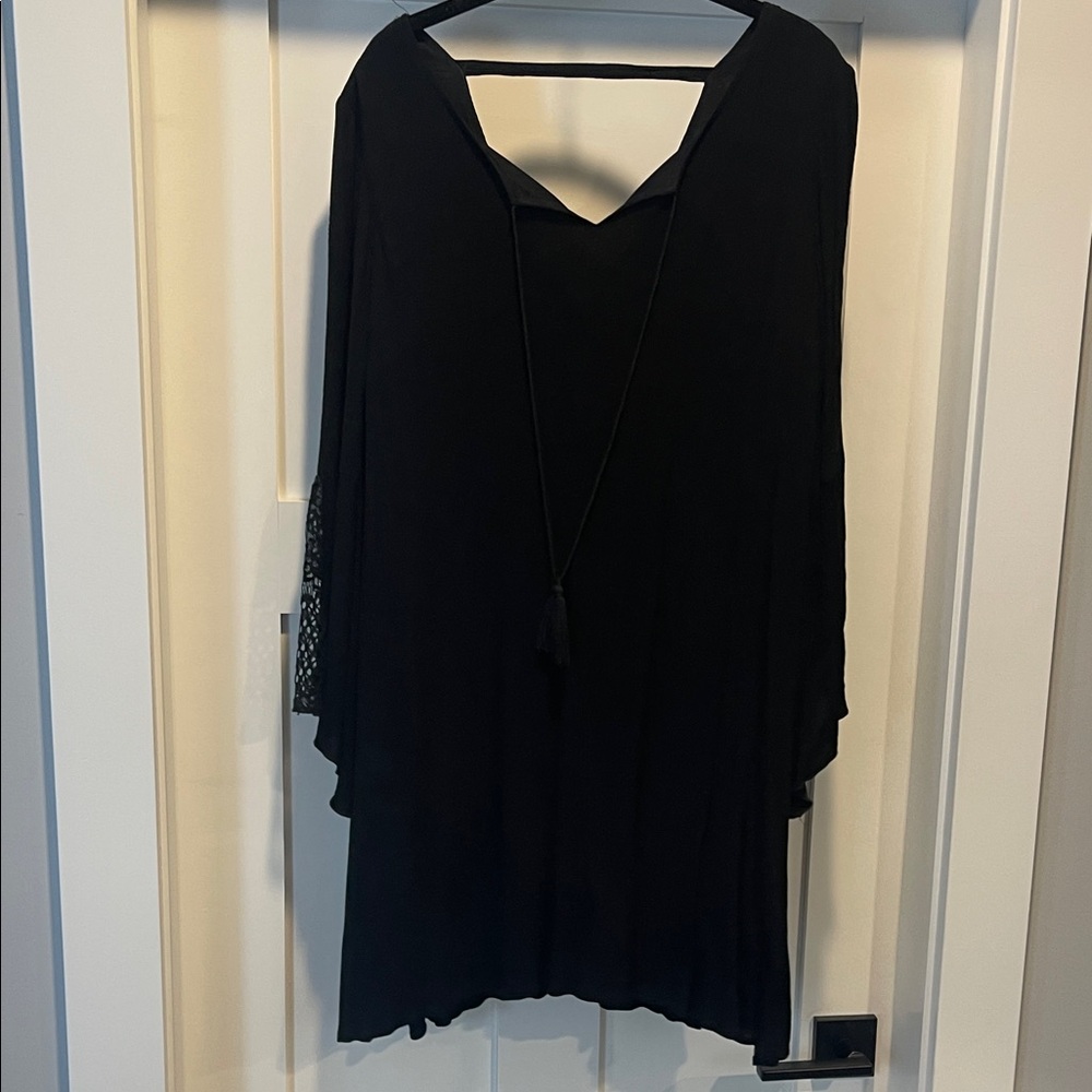 Womens Black V-Neck Tunic dress with Tassel Tie
